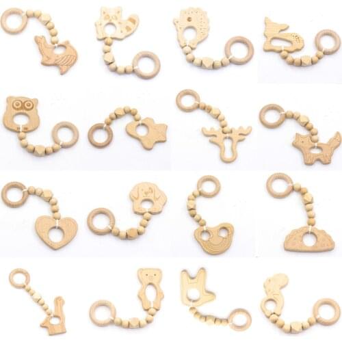 Baby Teether Toy Wooden1 Pcs Set Baby Gym Toy Woody Animals Ring BPA Free Silicone Beads Maple Beads Charms Wooden Teether Toy