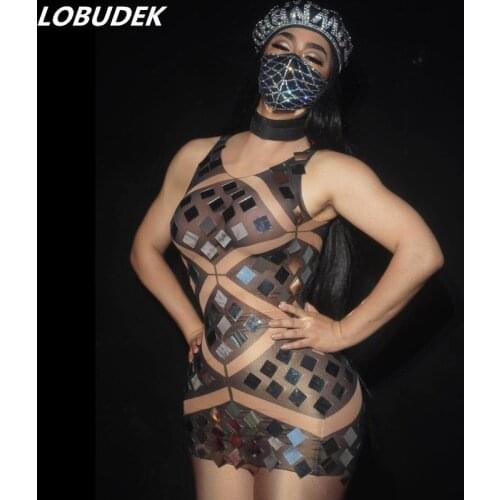 Women DJ Singer Sexy Nightclub Concert Stage Wear Shiny Sequins Transparent Mesh Short Dress Bar Party Show Dancer DS Costume
