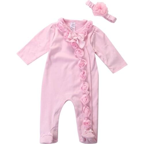 Emmababy Newborn Baby Girls Long Sleeve 0~7M Romper Headband Ruffles Clothes Outfits Set Pink Overalls Creepers Clothing