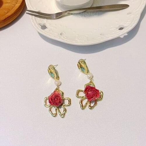 Temperament Red Flower Dangle Earring for Women Girls Metallic Hollow Out Irregular Earring Jewellery
