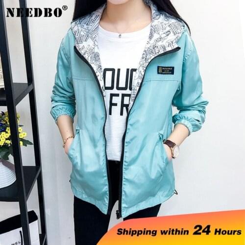 NEEDBO Womens Jacket Spring Summer Pocket Zipper Hooded Two Side Wear Outwear Coat Loose Plus Size Windbreaker Jackets Famale