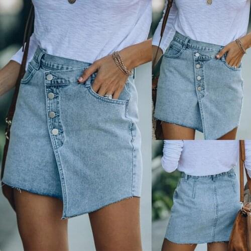 Summer Women Denim Skirt Fashion Button High Waist Patchwork Asymmetrical Jeans Skirt Female Party Club Mini Skirts