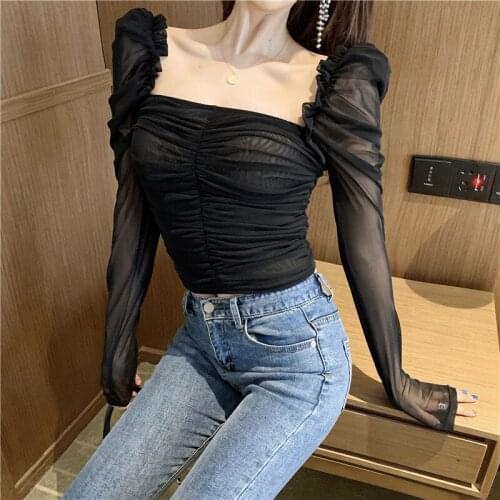Fashion Women New Autumn Sexy Slash Neck T Shirts Crop Top Long Puff Sleeve Slim Bottoming Shirt Black White Chic Elastic Tee