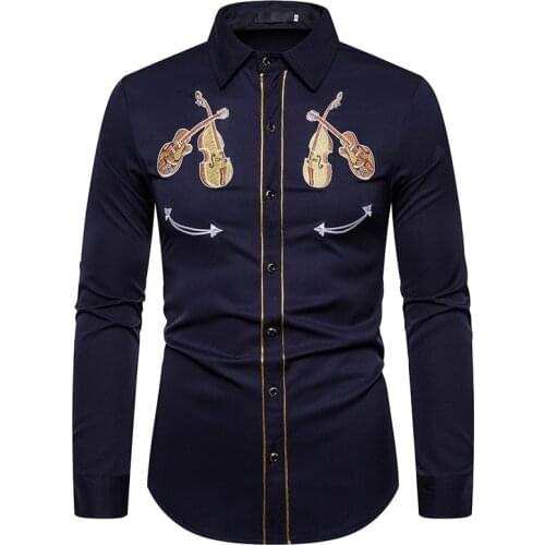 Mens Casual Long Sleeve Dress Shirts Western Cowboy Shirt Men Hipster Violin Embroidery Shirt Male Wedding Party Chemise Homme