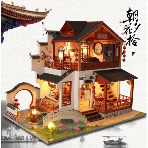 New DIY Wooden Dollhouse Chinese Architecture Doll Houses Miniatures with Furniture Toys for Children Friend Birthday Gift