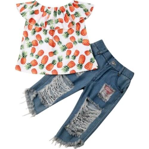 Imcute 2020 Summer Toddler Baby Girl Clothes Off Shoulder Fruits Print Ruffle Tops Ripped Jeans 2Pcs Outfits Clothes 1-6Y