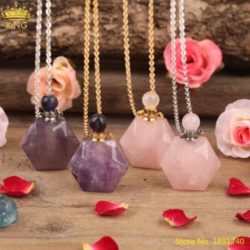 Fashion Women Natural Crystal Stone Perfume Bottle Pendant Necklace Amethysts Pink Quartz Gold Diffuser Vials Necklace Jewelry