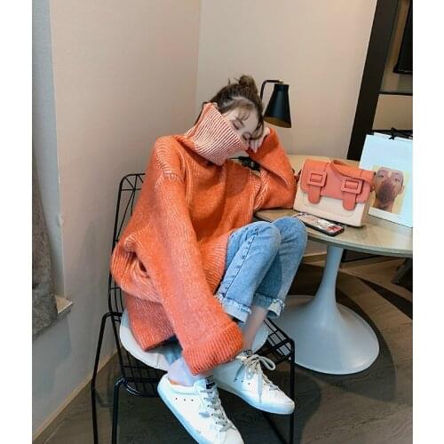 Turtleneck Pullover 2021 New Sweater Korean Casual Large-profile Womens Knitted Tops for Autumn and Winter Warmth and Pull Wind