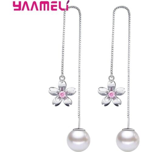 S925 Silver Long Box Chain Thread Earrings for Women Girls Wedding Engagement Freshwater Pearl Qualified Cubic Zirconia Jewelry