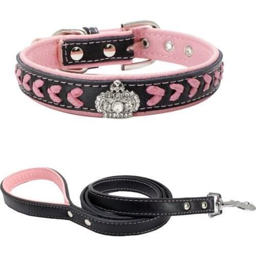Rhinestone Crown Dog Collar Leash Sets Soft Leather Dog Collar for Big Medium Puppy Leads Supplies Necklace Leashes