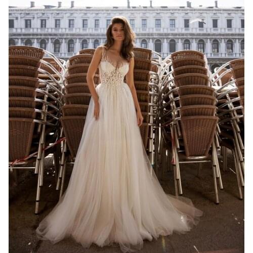 Wedding Dress A-Line Tank Sheer Neck Lace Appliques Sequined Beads Button Chiffon Floor Length Sweep Train Bride Gown New