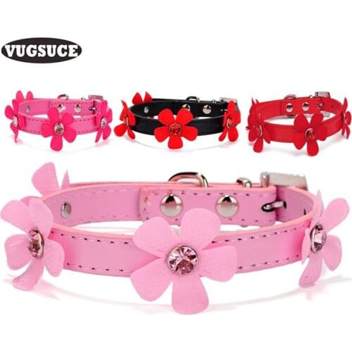 VUGSUCE Ctue Flowers Pet Dog Collar PU Leather for Small Large Dogs Cat Adjustable Puppy Dog Necklace for Chihuahua Pet Supplies