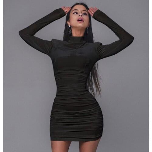 WJFZQM Turtleneck Solid Wrap Dress Women Autumn Velvet Pleated Long Sleeve Club Mini Dress Sexy Bodycon Ladies Short Dresses
