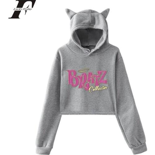 Bratz Rock Angelz Crop Hoodie Sweatshirts Women Cat Pullover Girl Kawaii Harajuku Tracksui Hoodies Fashion Casual Hooded Print
