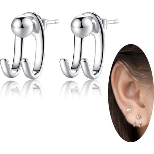 Fashion Simple 925 Hook Stud Earring Ear Jacket Double Line Round Bead Earring Studs Sterling Silver Stacking Earrings Woman Man