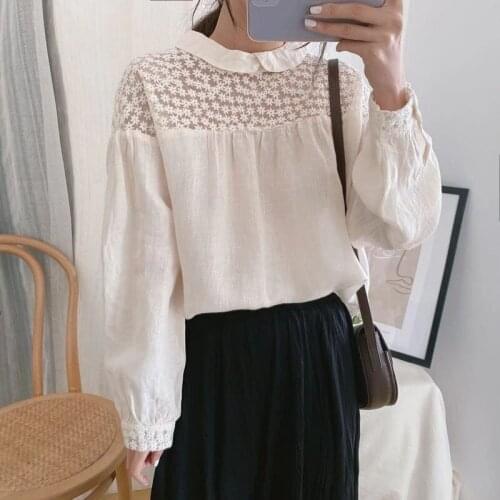 Johnature Spring Summer New Mori Embroidery Linen Women Tops 2021 Vintage Loose 3 Colors All Match Female Shirts