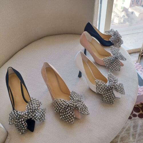 2021 Spring Summer Sexy Pumps Pointed Toe Women Pumps Butterfly-Knot Women Shoes Rhinestones Shoes Woman Slip-On Genuine Leather