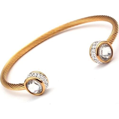 Luxury Brand Women Ladies Open Cuff Bangles Wedding Jewelry Trendy Stainless Steel Chain Link Charm Crystal Female Bracelets