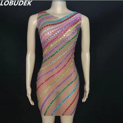 Rainbow Rhinestones Sleeveless Short Dress Sexy Transparent Stage Wear Women Birthday Celebrate Crystals Outfit Singer Costume