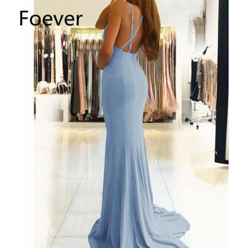 2019 Simple Mermaid Evening Dresses Long Front Slit Prom Dresses Long Spaghetti Straps Deep V-Neck Blue Evening Dress for women