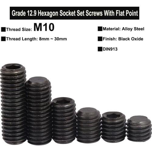 10Pcs/5Pcs M10x8mm~30mm Grade 12.9 Alloy Steel Hexagon Socket Set Screws With Flat Point Headless Screw Black Oxide DIN913