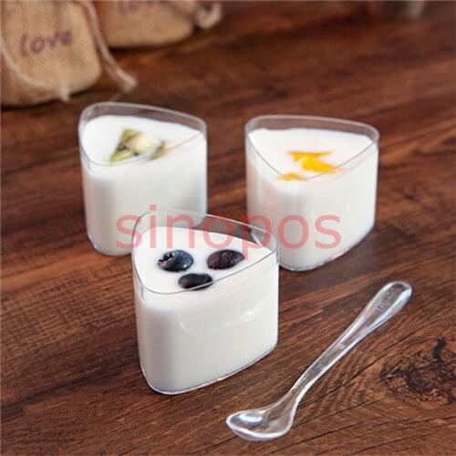 12pcs Transparent plastic mini triangular shape pudding cup with scoop, clear mousse cups, ice cream/jelly/cake holder, SP01