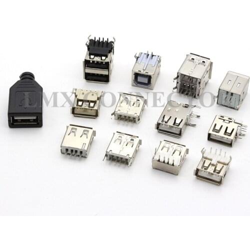 20PCS USB Socket A Type female A/B Female Straight Line Curved SMD Side Insert/Square Mouth Type 90Degrees 180Degrees Connector