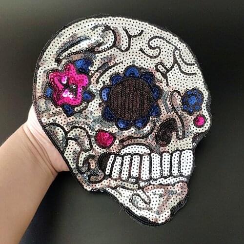 23CM Skullhead Iron On Patches For Clothing Sequins Biker Badge Embroidery Fabric Sequined Patch Clothes Stickers Strange things