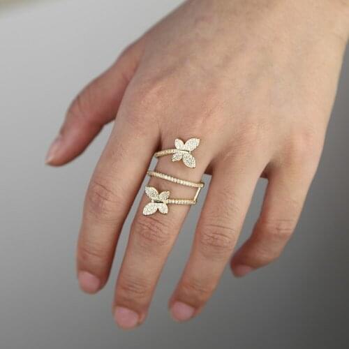 Long Women Full finger ring micro pave cz Multi wrap butterfly charm Gold filled fashion engagement rings