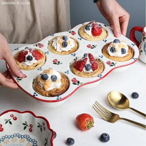 100ml Ceramic Cake Cherry Six Grid Cake Tray Mold Household Creative Oven Bread Baking Tools Simple Hand-painted Pattern