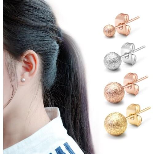 Hot Sale Dull Polish Bead Gold Color / Silver Color / Rose Gold Color Titanium Steel Stud Earrings Free Shipping