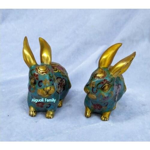 Art Collectible Chinese Old Cloisonne Bronze Carved 1 Pair Rabbit Statue/Home Decoration Animals Sculpture Good Gifts