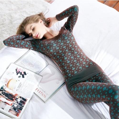 Women Sexy V-neck Long Johns Winter Cotton Second Female Thermal Skin Warm Suit Korean Printed Lace Thermal Underwear For Women