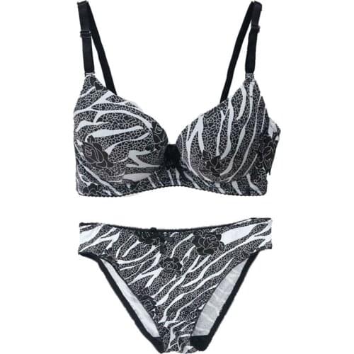Push Up Bra Sets Womens Underwear leapord and Rose Printed Full Cotton Bra Sexy Lingeries Briefs Sets 90C 95C