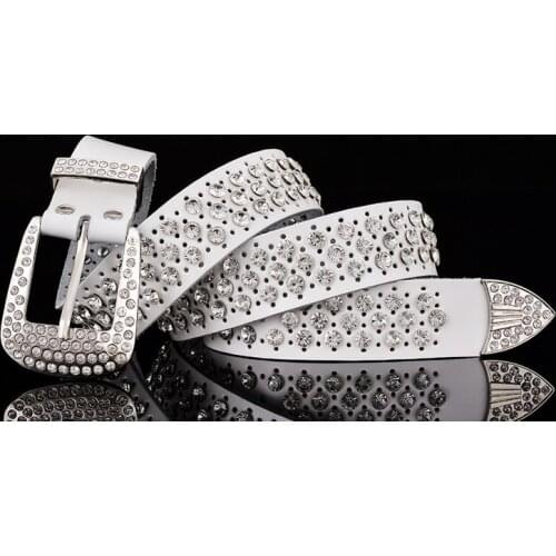 MCLAOSI Fashion Luxury Rhinestone Genuine Leather Belts For Women Pin Buckle Belt Top Quality Second Layer Cow Skin Strap 3.3CM