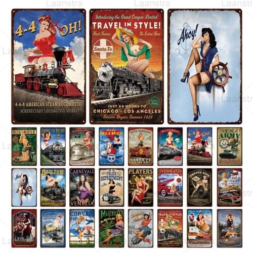 Metal Tin Sign Vintage America Pin Up Girl & Industrial Revolution Wall Decor Plaque Plate Garage Bar Racing Club Man Cave Art