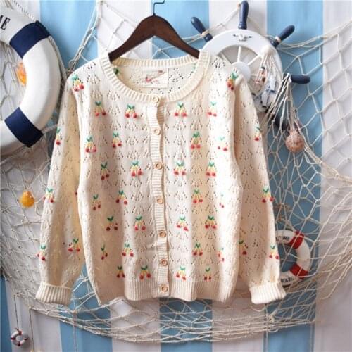 Strawberry Embroidered Kawaii Cute Women Spring & Autumn Short Knitted Cardigan Sweater to the Waist