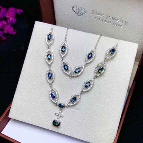 Fashion water drop Natural blue sapphire necklace Bracelets Natural Gemstone Jewelry Set 925 Silver Women party wedding jewelry