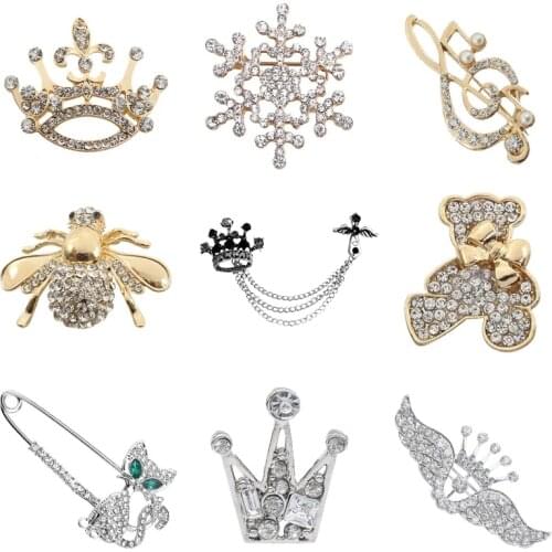 Fashion Gold And Full Rhinestone Snowflake Bee Turtle Lizard Bear Crown Music Notes Guitar Scissors Pin Brooch Jewelry