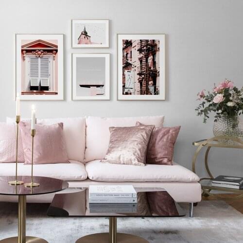 Pink building doors and windows Wall Art Print Paper Painting Nordic Posters And Prints Wall Pictures For Living Room Decor