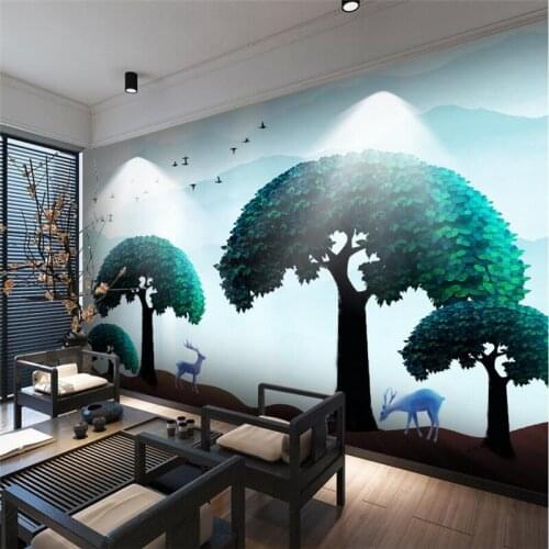 Beibehang Custom wallpaper new Chinese fantasy blue bird tree forest hand painted sofa background wall decoration