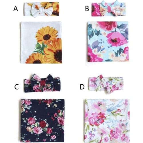 2pcs pure cotton Newborn Baby Blanket Sleeping Swaddle Floral Print Muslin Wrap Headband Set for Infant Boys Girls,Newborn gift