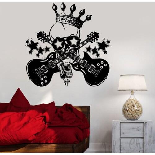 Rock Skull Head Pattern Vinyl Wall Decals Music Guitars Wall Sticker Microphone With Stars Wall Murals Decoration Art