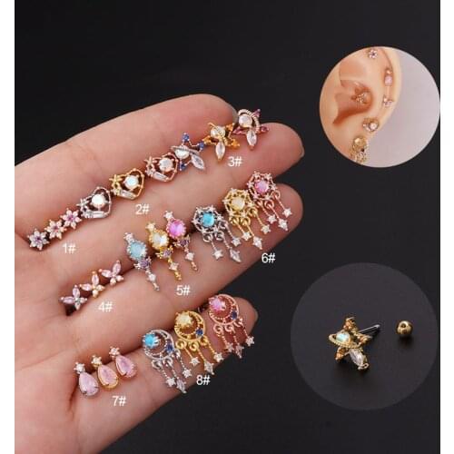 1Piece 20G Multicolor Cz Cartilage Earring Stailess Steel Flower Butterfly Moon Dreamcatcher Stud Earring Helix Piercing Jewelry