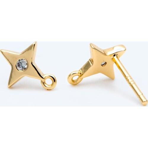 10pcs Cross Star Ear Post 10x8mm, Gold Plated Brass Star Stud Earring For DIY Jewelry Making Accessories (#GB-1594)