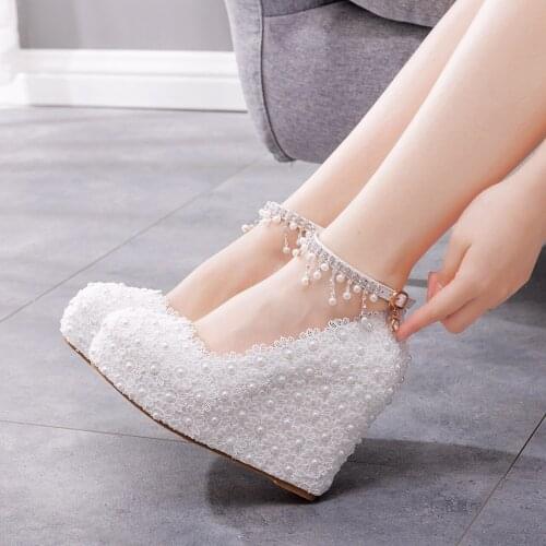 Fashion Rhinestone wedding shoes Sandal Women Lace-Up pearl Wedges High Heels White Pink Gold Party Daily Pumps Shoes Large size