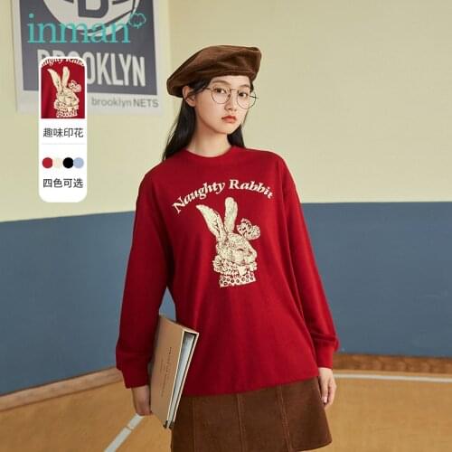 INMAN Autumn Winter Womens Sweatshirt Young Sweet Style Round Collar Loose Retro Naughty Rabit Printing Pullover