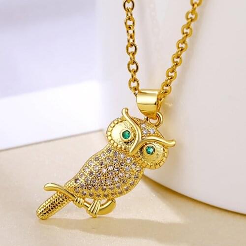 Vintage Owl Pendant Necklace Gold-Plate Copper Micro Zircon Jewelry Stainless Steel Necklaces & Pendants for Women Lucky Gifts