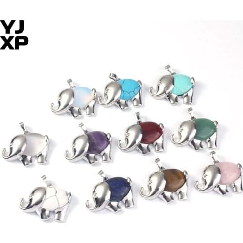 YJXP Silver Plated Elephant Shaped Green Aventurine Amethysts Romantic Rose Pink Quartzs Blue Sand Stone Pendant Charm Jewelry