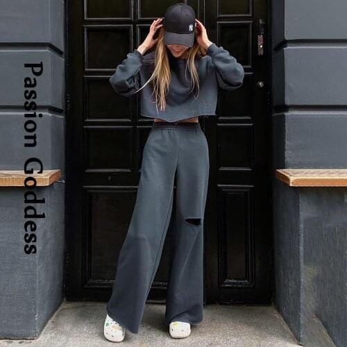 Autumn Casual Women 2 Piece Tracksuits Sets Crop Sweatshirts High Waist Hole Straight Sweatpants Loose Pink Two Piece Outfits